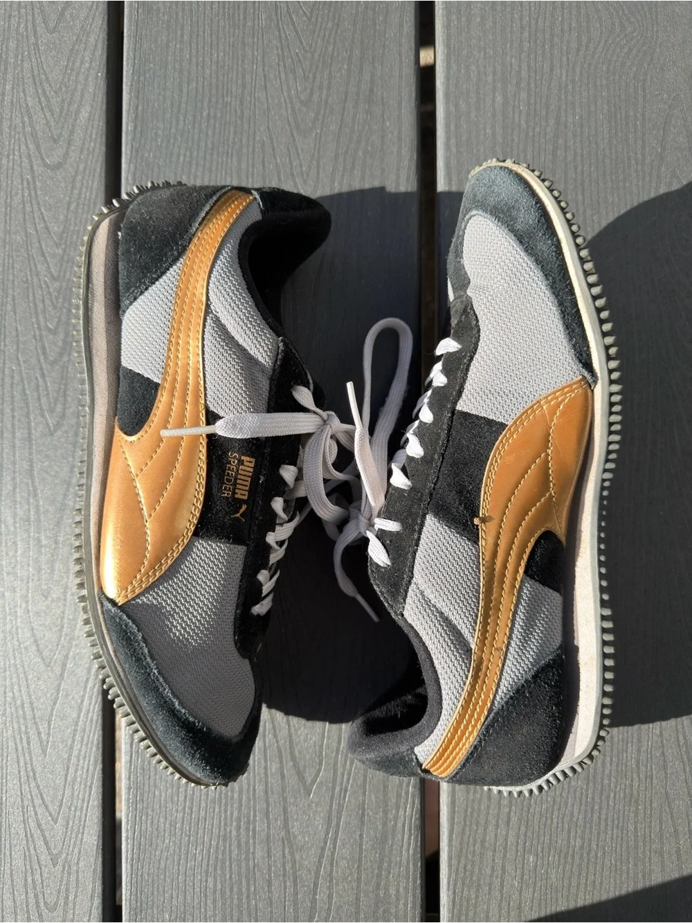 Puma Speeder Running Shoes Women Sneaker Retro Black Gold Suede Streetwear 8.5